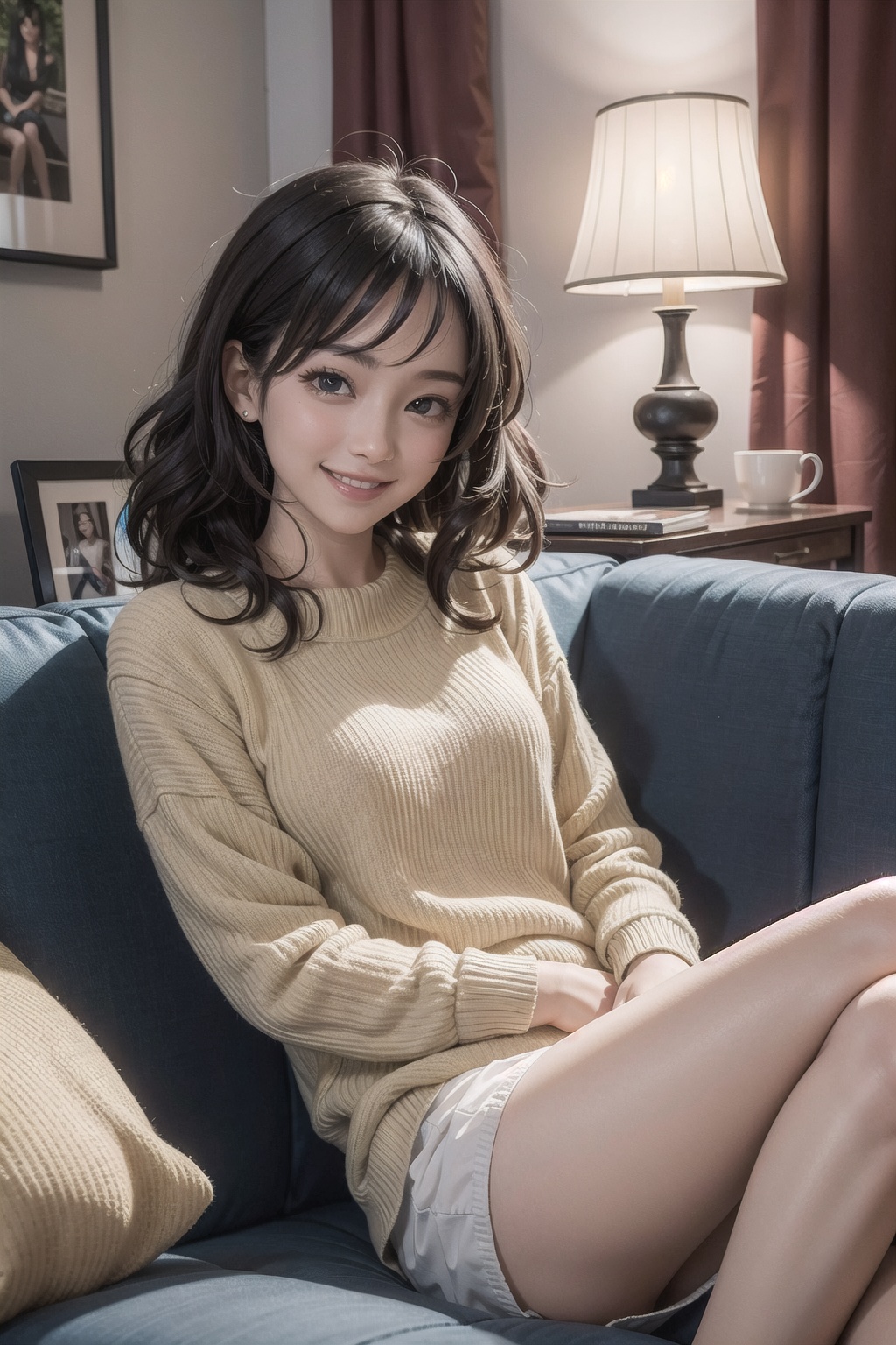 (masterpiece),  night,  indoors,  living room,  couch,  1girl,  black hair,  medium hair,  wavy hair,  sweater,  smile