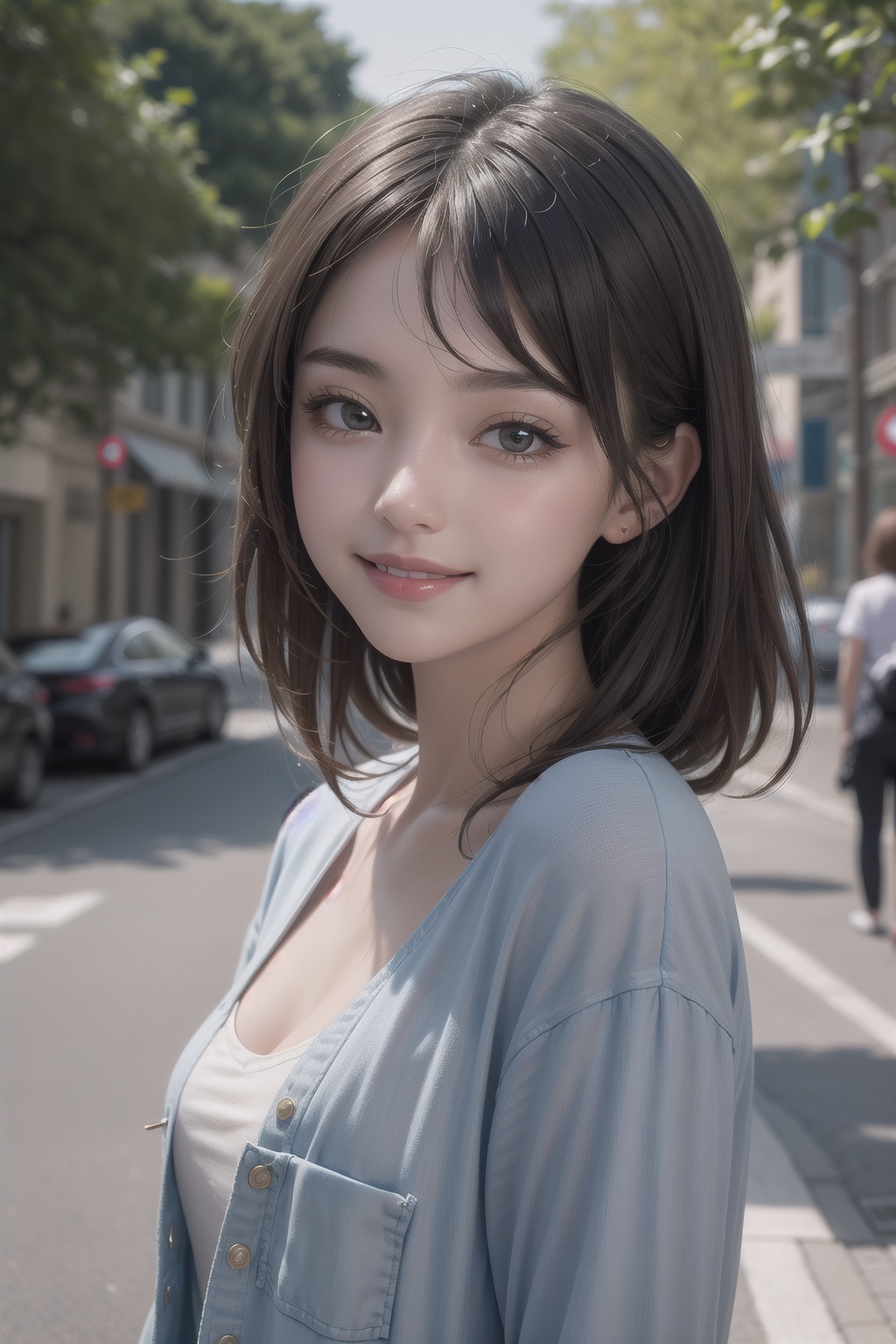 masterpiece, best quality, incredibly absurdress, highres, high detail eyes, high detail background, 1girl, casual outfit, outdoors, looking at viewer, medium hair, smile, close view