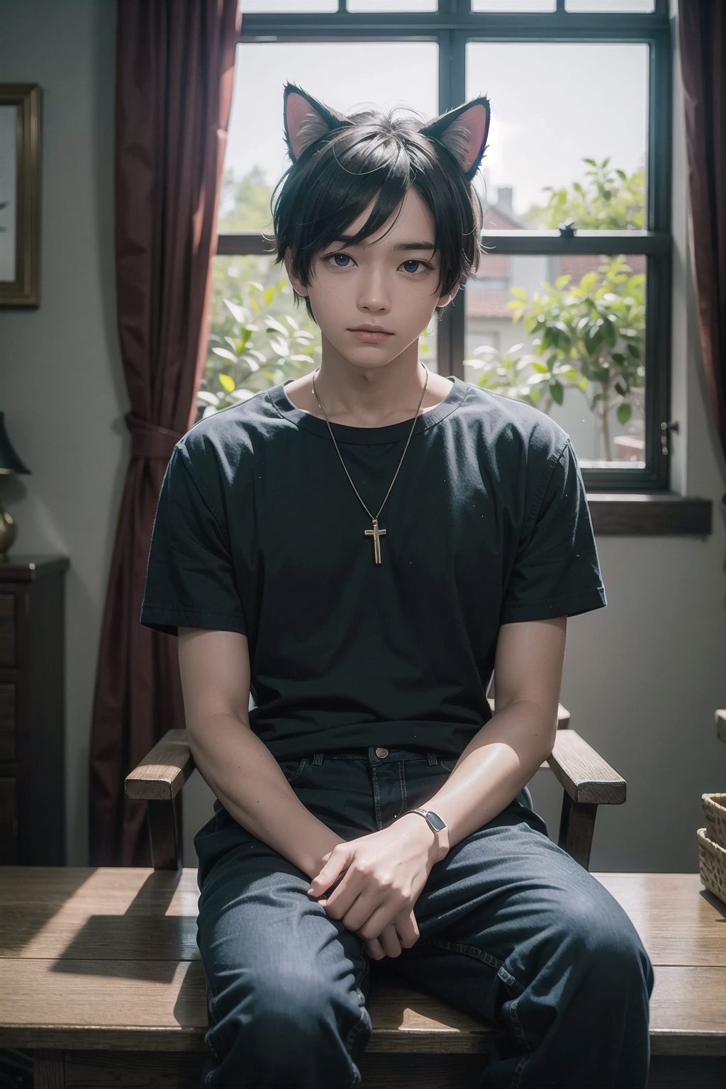 (masterpiece), (cinematic:1.2), sunlight, indoors, 1boy, cat ears, sitting, looking at viewer