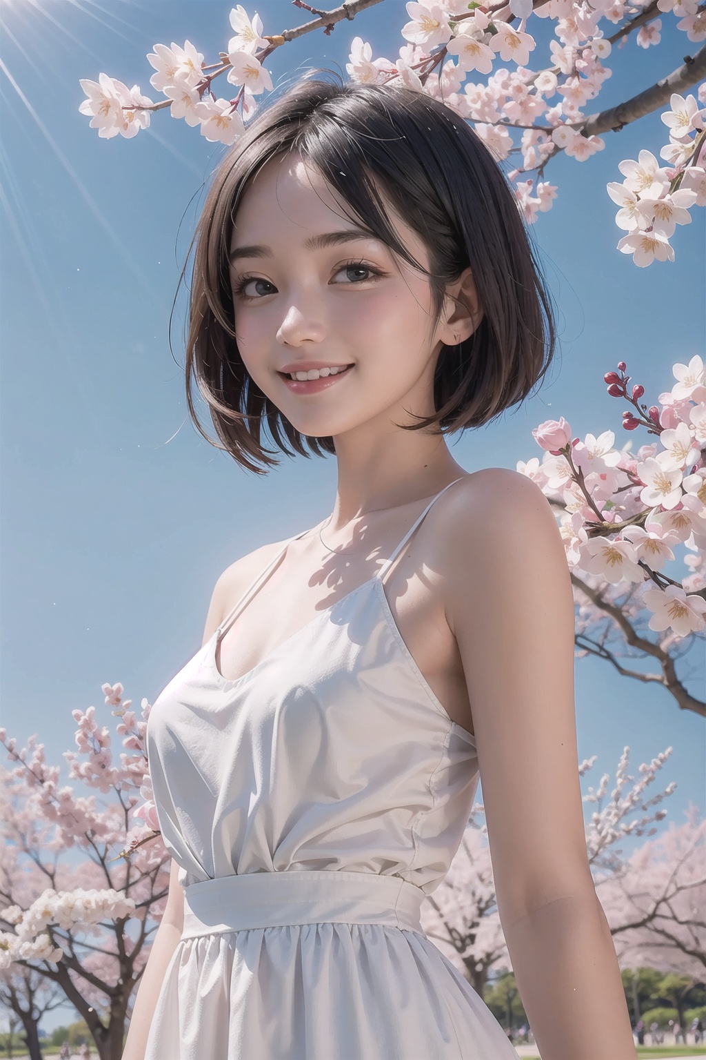 (masterpiece), nature, blue sky, sunlight, light particles, cherry blossoms, 1girl, white dress, smile, medium hair, black hair
