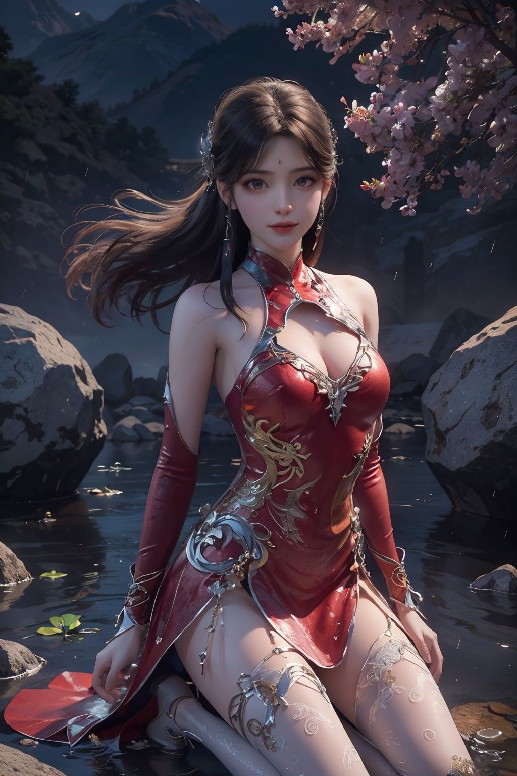 masterpiece,best quality,official art,extremely detailed CG unity 8k wallpaper,1girl,cowboy shot,seductive smile,kneeling,desert,rain,water,clover,boulders fell from the sky,lunar surface,floating stone,light rays,chiaroscuro,light particles,<lora:火灵儿:0.6>,