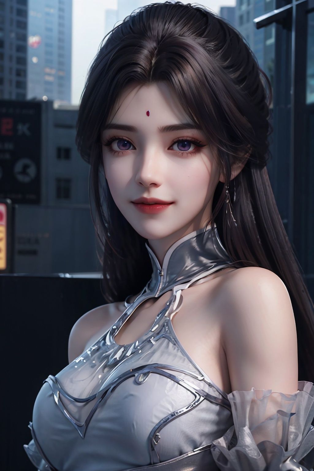 masterpiece,best quality,official art,extremely detailed CG unity 8k wallpaper,realistic,1girl,seductive smile,face,light rays,light particles,cityscape,neon trim,<lora:月婵:0.55>,
