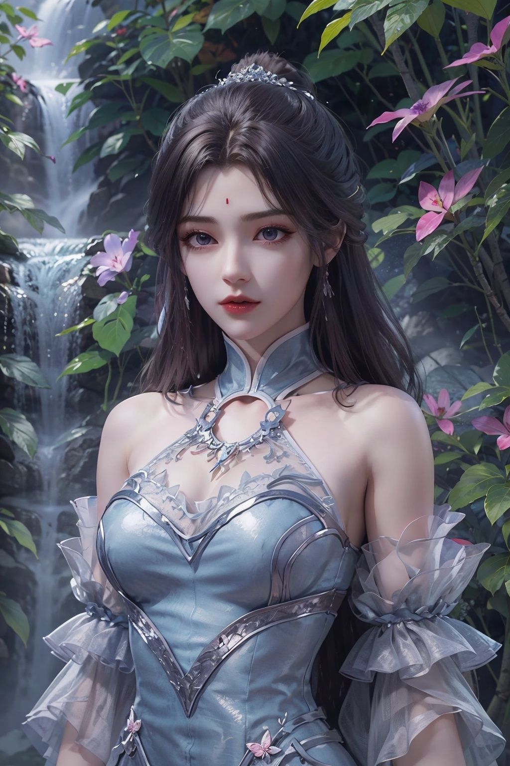 masterpiece,best quality,official art,extremely detailed CG unity 8k wallpaper,1girl,<lora:月婵:0.5>,upper body,waterfall,butterfly,