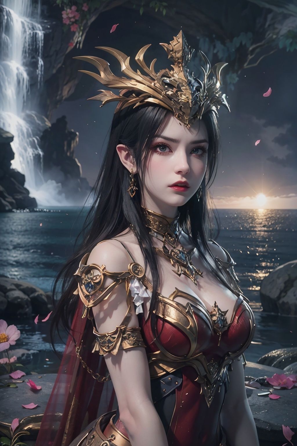 masterpiece,best quality,official art,extremely detailed CG unity 8k wallpaper,1girl,angry, looking at viewer,dress, upper body, light rays, caustics, light particles, shiny skin, waterfall, petals,  <lora:美杜莎女王:0.55>