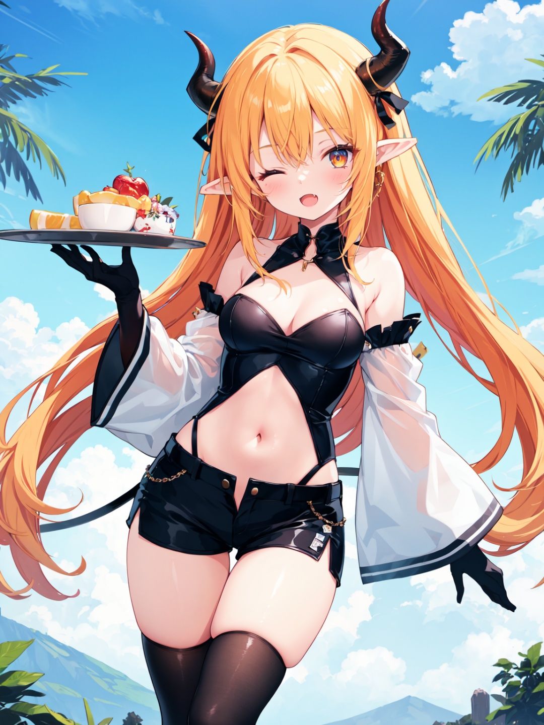 1girl,  black horns,  blonde hair on Tensor.Art