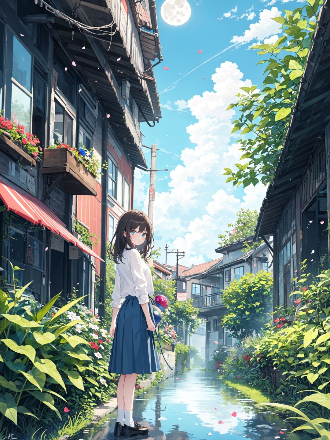 1girl,blue skirt,blue sky,bowl,brown hair,city lights,cloud,cloudy sky,day,fish,full moon,motor vehicle,outdoors,overgrown,petals,plant,reflection,scenery,shoes,signature,sky,solo,standing,water,