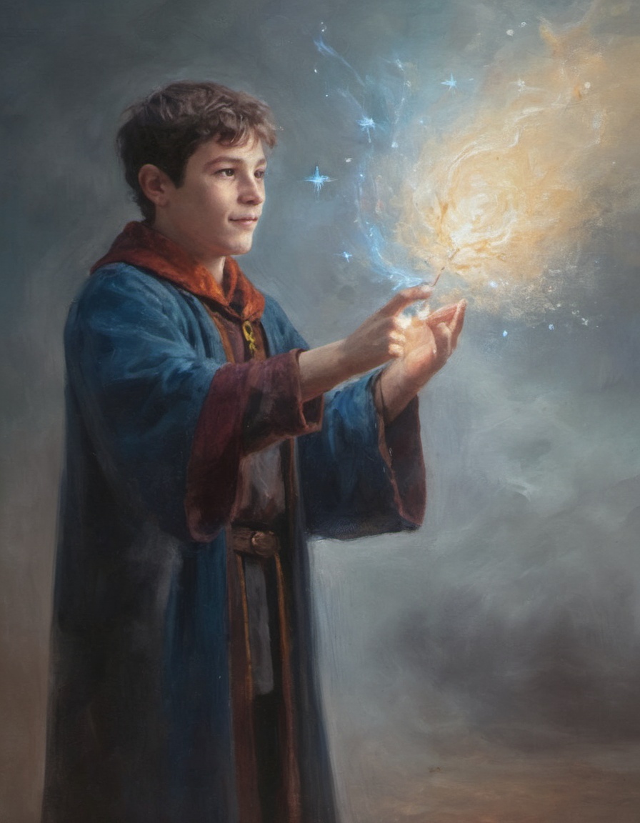 oil painting portrait of a young wizard casting magic glowing magic trails and light dust on Tensor.Art
