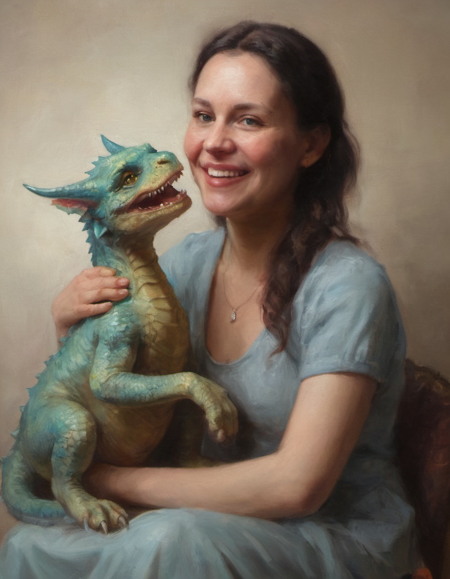 oil painting of a cheerful woman and her affectionate pet dragon soft even lighting rim lights in a portrait studio on Ten...