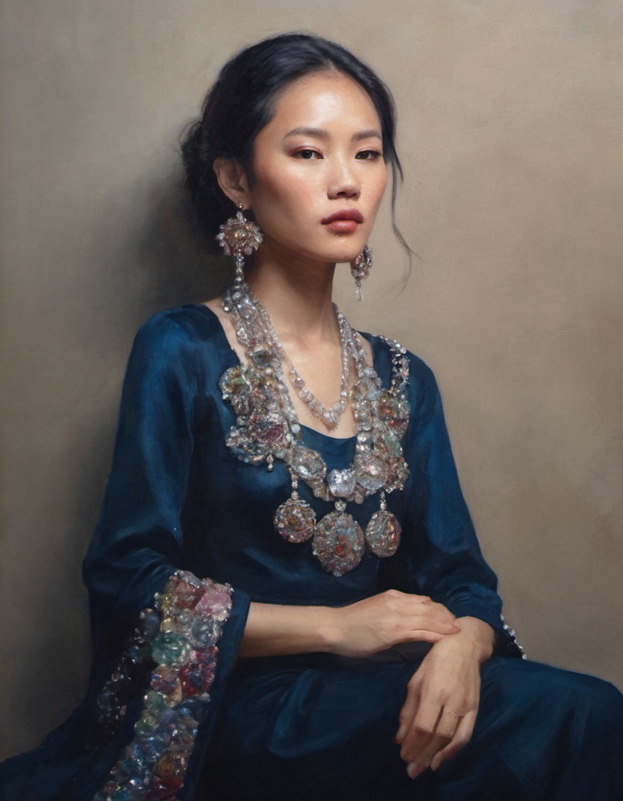oil painting portrait of an asian model in jewels sparkling graceful adorned with gemstones fashion photography style insp...