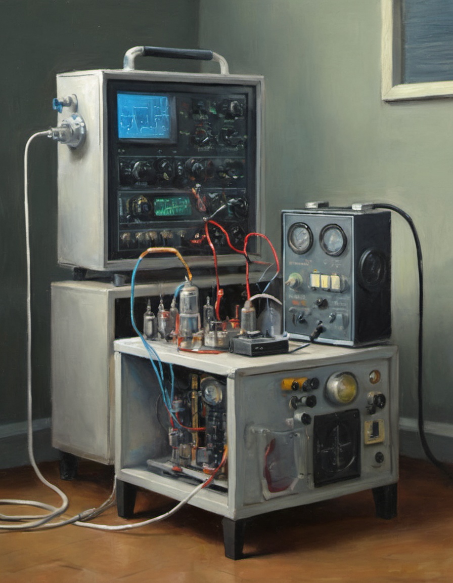 oil painting isometric diagram of a boxy flux capacitor with exposed vacuum tubes and an oscilloscope and digital display...
