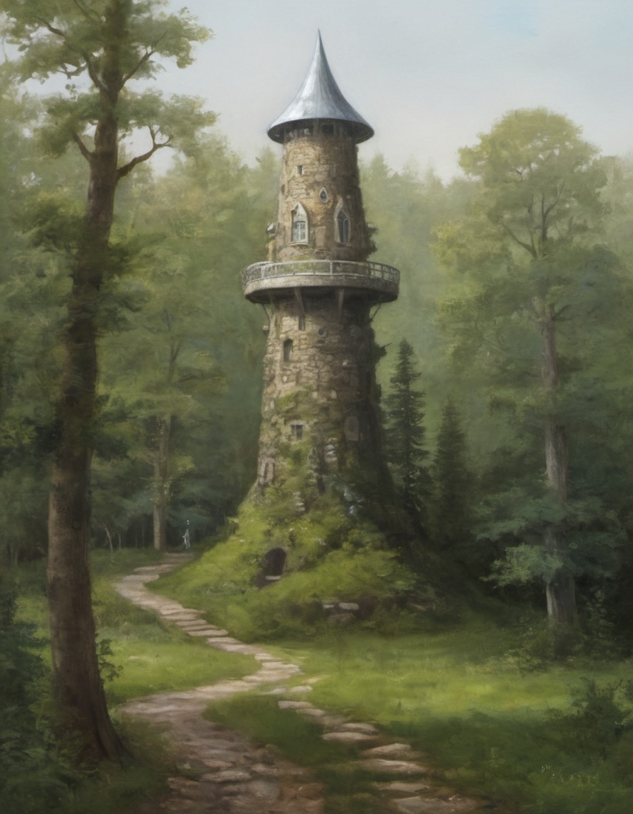oil painting of a a wizard's tower in a clearing in the woods,  a wizard tower that is topped with a glass and steel dome...