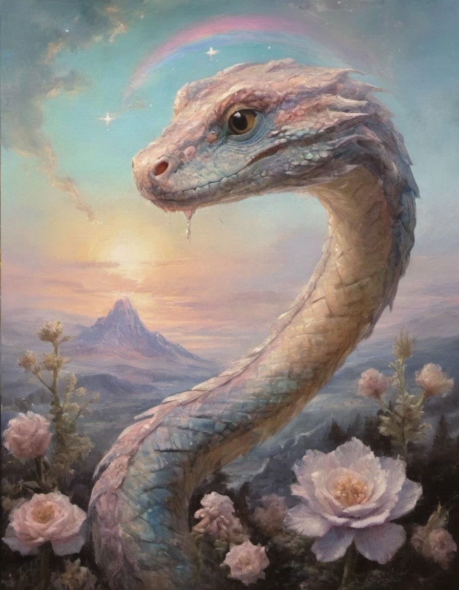 atmospheric oil painting of a hyper-real portrait of a hauntingly beautiful pale pastel rainbow scaled sky serpent with hu...