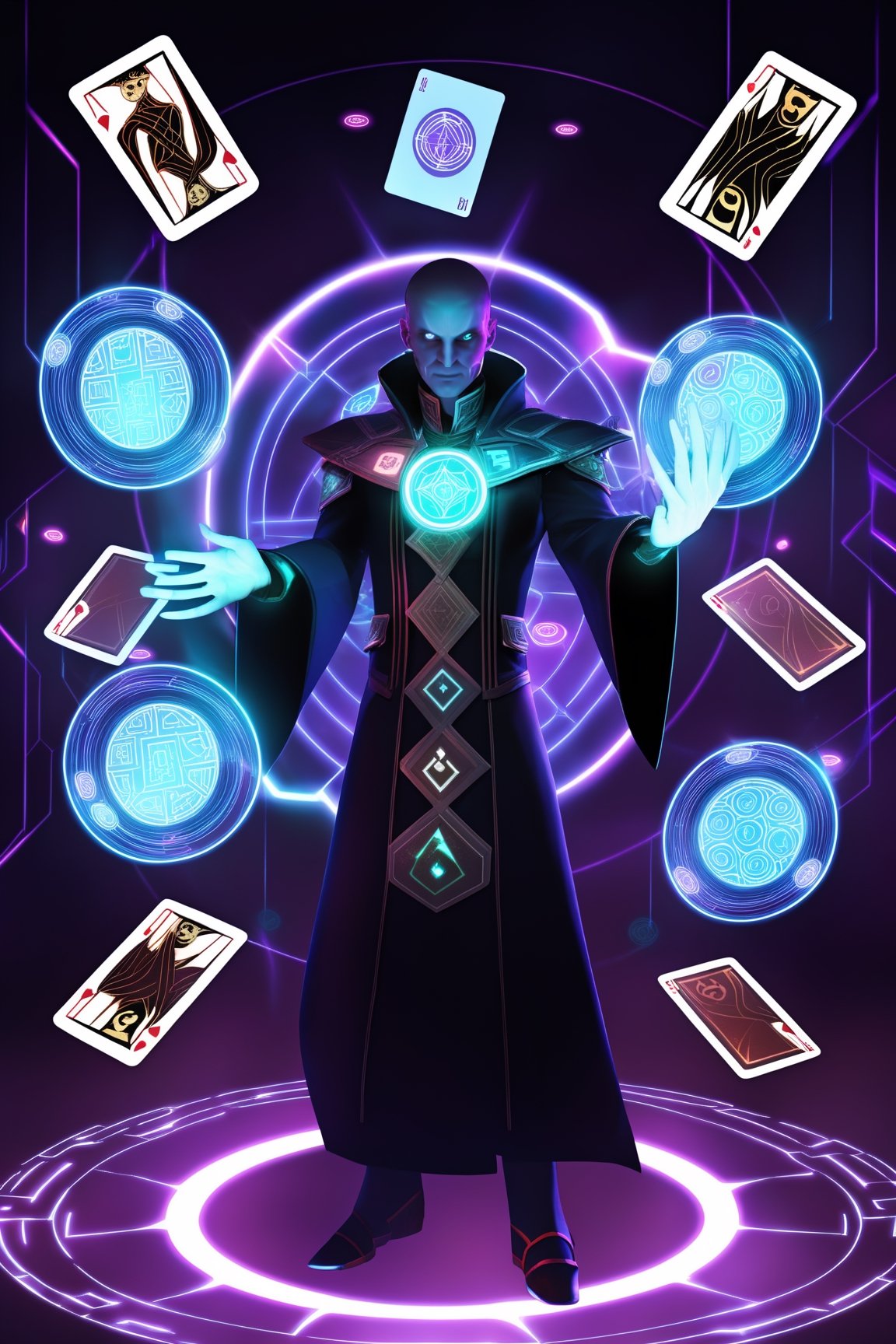 Sinister 35yo futuristic mage wearing fascistic uniform, outstretched hand surrounded by translucent hologram ribbons, cards, surrounded by cards, ,Circle, elemental