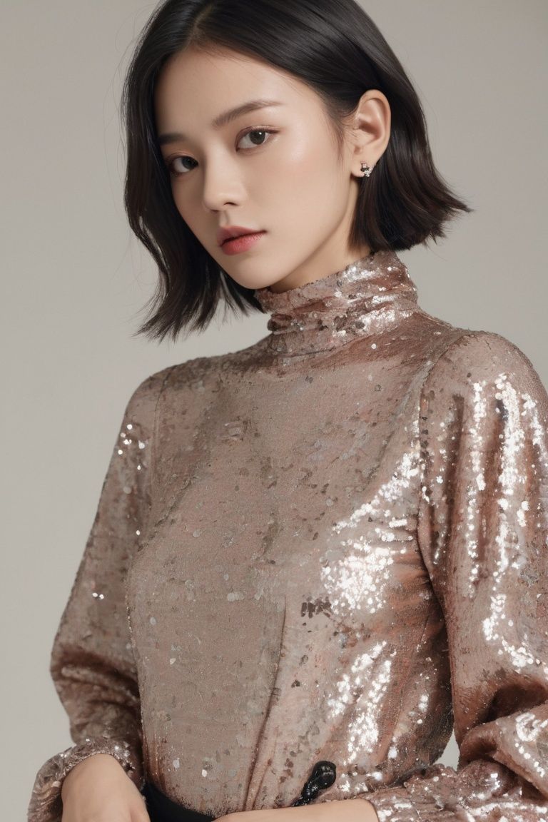 Lanvin sequin-embellished blouse with a high neck and balloon sleeves,Canon EOS 5D Mark IV with Canon EF 24-70mm f/2.8L II,design by ****·麦昆(Alexander McQueen) girl,1girl,solo,black eyes,
