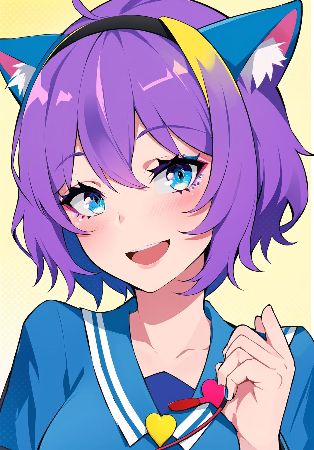 <lora:lam_style_v2:0.7>,lam style,impasto style,(halftone details:1.6),1girl,solo,breasts,looking at viewer,blush,smile,open mouth,bangs,blue eyes,small breasts,simple background,colorful eyes,cat ears,(halftone:0.7),komeiji satori,solo,shirt,short hair,heart,purple hair,hairband,blue shirt,colorful eyebrows,(tear makeup:1.1),