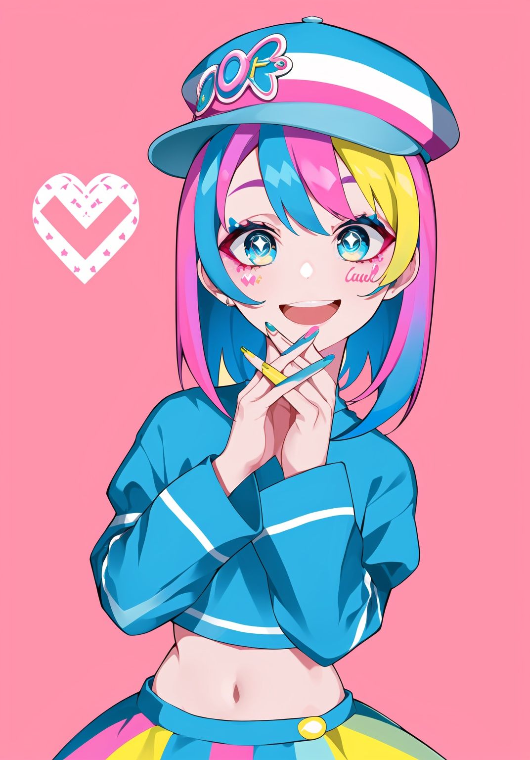 <lora:lam_style_v2:0.7>,lam style,impasto style,(halftone details:1.6),1girl,solo,looking at viewer,smile,short hair,open mouth,bangs,blue eyes,skirt,shirt,long sleeves,hat,navel,blue hair,pink hair,heart,multicolored hair,cowboy shot,midriff,striped,puffy sleeves,nail polish,symbol-shaped pupils,pink background,own hands together,blue nails,striped shirt,yellow,colorful eyebrows,(tear makeup:1.1),