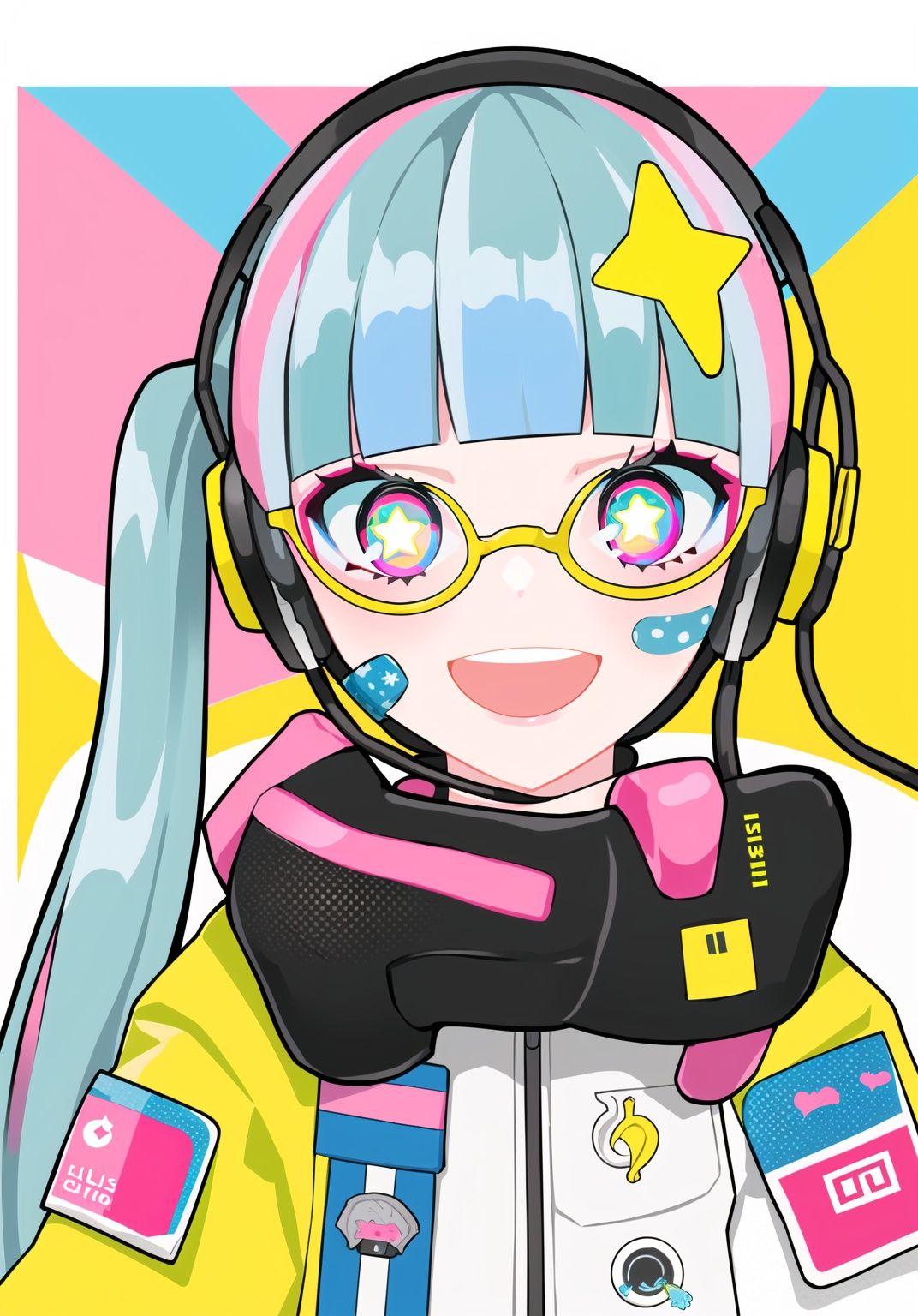 <lora:lam_style_v2:0.7>,lam style,impasto style,(halftone details:1.6),upper body,long hair,looking at viewer,smile,open mouth,bangs,blue eyes,multiple girls,gloves,long sleeves,twintails,closed mouth,green eyes,blue hair,jacket,pink hair,:d,heart,multicolored hair,glasses,teeth,blunt bangs,pink eyes,star \(symbol\),headphones,upper teeth only,helmet,armband,bandaid,headset,multicolored eyes,bandaid on face,blue gloves,star-shaped pupils,pink gloves,sticker,yellow-framed eyewear,colorful eyebrows,tear makeup,