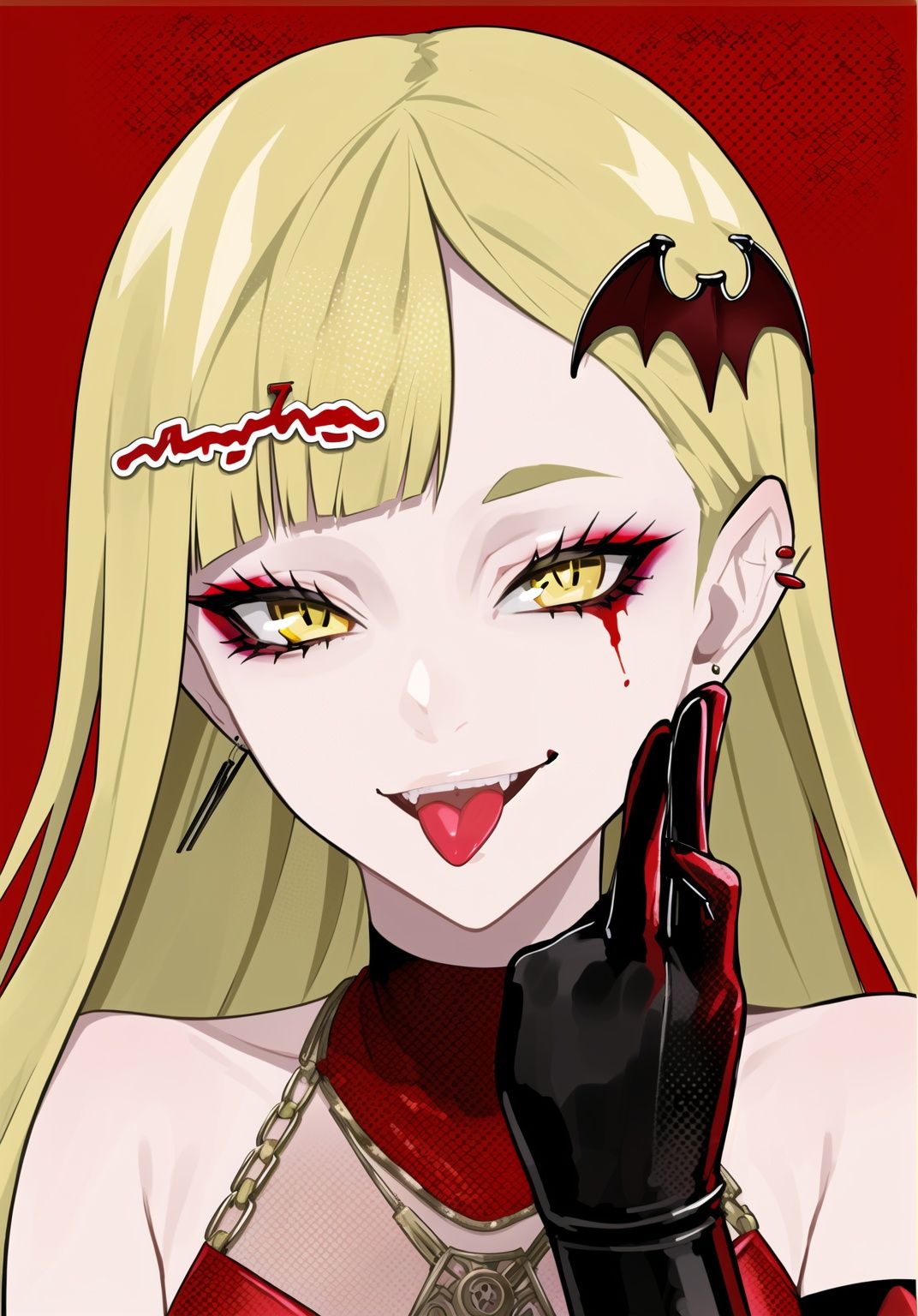 <lora:lam_style_v2:0.7>,lam style,impasto style,(halftone details:1.6),upper body,1girl,:p,bare shoulders,bat hair ornament,blonde hair,earrings,eyeshadow,gloves,hair behind ear,hair ornament,hand up,jewelry,lam-style,long hair,looking at viewer,makeup,portrait,red background,red gloves,sleeveless,smile,solo,tongue,tongue out,vampire,yellow eyes,colorful eyebrows,tear makeup,