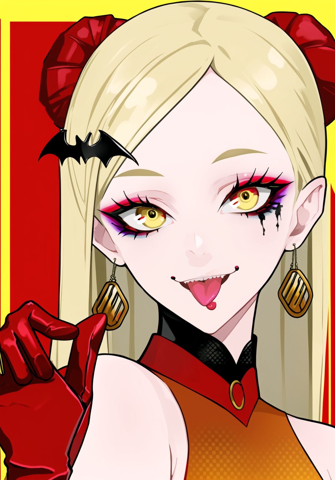 <lora:lam_style_v2:0.7>,lam style,impasto style,(halftone details:1.6),upper body,1girl,:p,bare shoulders,bat hair ornament,blonde hair,earrings,eyeshadow,gloves,hair behind ear,hair ornament,hand up,jewelry,lam-style,long hair,looking at viewer,makeup,portrait,red background,red gloves,sleeveless,smile,solo,tongue,tongue out,vampire,yellow eyes,colorful eyebrows,tear makeup,