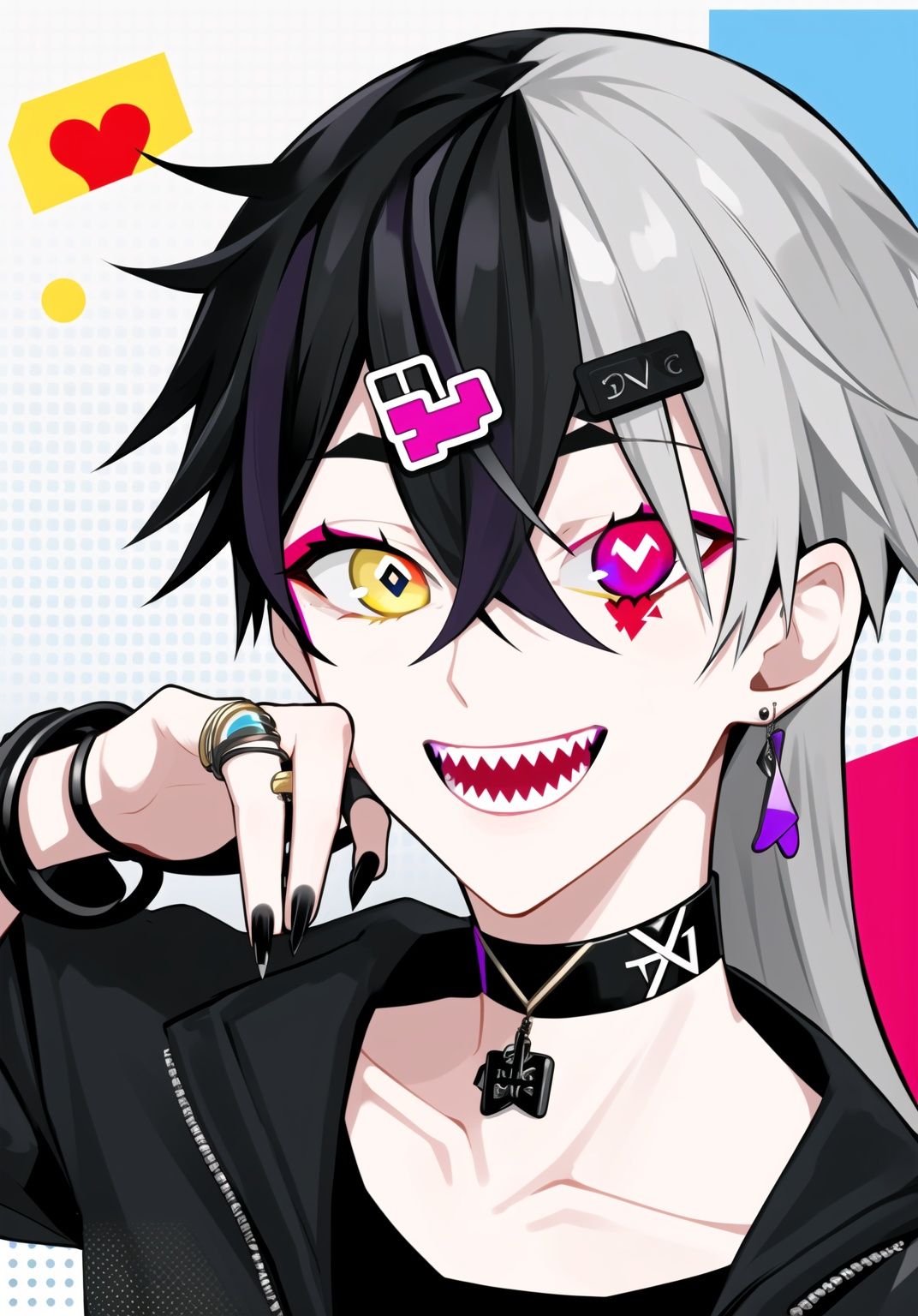 <lora:lam_style_v2:0.5>,lam style,impasto style,(halftone details:1.6),upper body,1boy,solo,long hair,looking at viewer,smile,open mouth,bangs,black hair,hair ornament,hair between eyes,jewelry,jacket,yellow eyes,white hair,grey hair,heart,multicolored hair,earrings,teeth,choker,hairclip,hand up,nail polish,bracelet,streaked hair,v,makeup,heterochromia,ring,sharp teeth,black nails,colorful eyebrows,tear makeup,