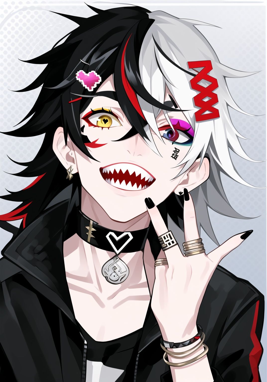 <lora:lam_style_v2:0.5>,lam style,impasto style,(halftone details:1.6),upper body,1boy,solo,long hair,looking at viewer,smile,open mouth,bangs,black hair,hair ornament,hair between eyes,jewelry,jacket,yellow eyes,white hair,grey hair,heart,multicolored hair,earrings,teeth,choker,hairclip,hand up,nail polish,bracelet,streaked hair,v,makeup,heterochromia,ring,sharp teeth,black nails,colorful eyebrows,tear makeup,