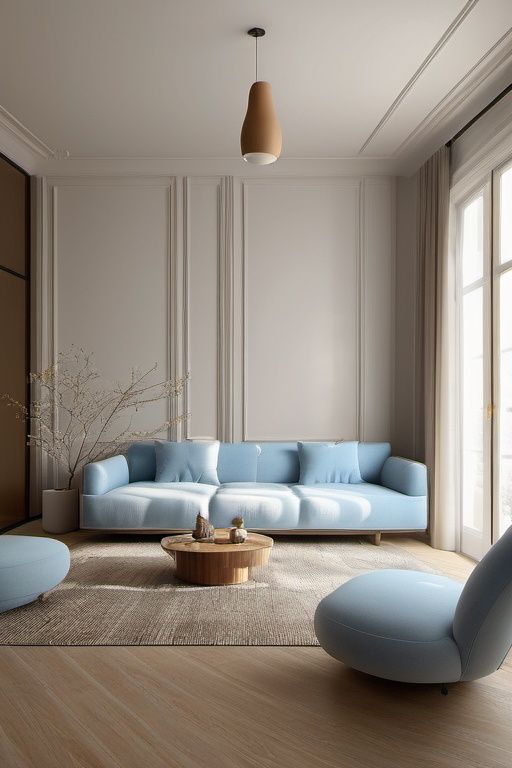 Masterpiece, best quality, living room, 8 k, modern minimalist style, warm white, light blue sofa, extreme detail and beauty, high resolution, ray tracing, (realistic, realistic: 1.27), professional lighting, physics-based rendering, texture