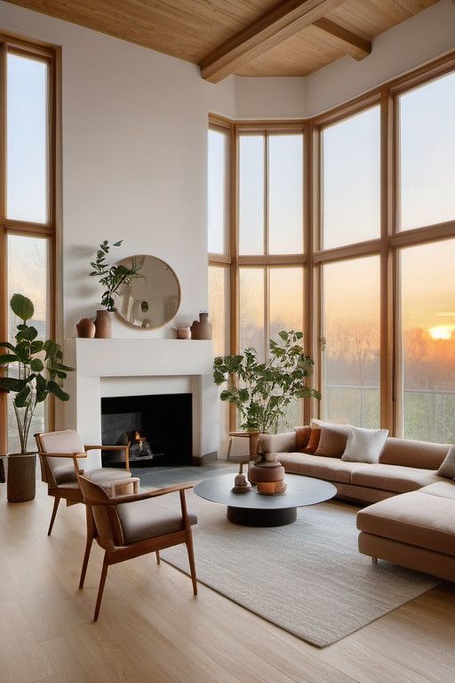 best quality,masterpiece,8k wallpaper, Fireplace, indoors,floor-to-ceiling windows, potted plant,log table,sunset, streamline