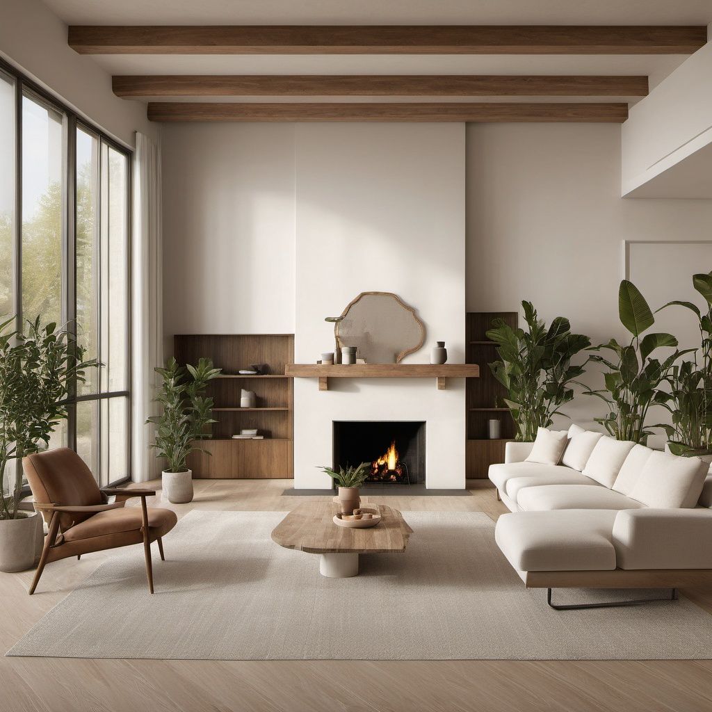 best quality,masterpiece,8k wallpaper, Fireplace, indoors,floor-to-ceiling windows, potted plant,log table,sunset, streamline