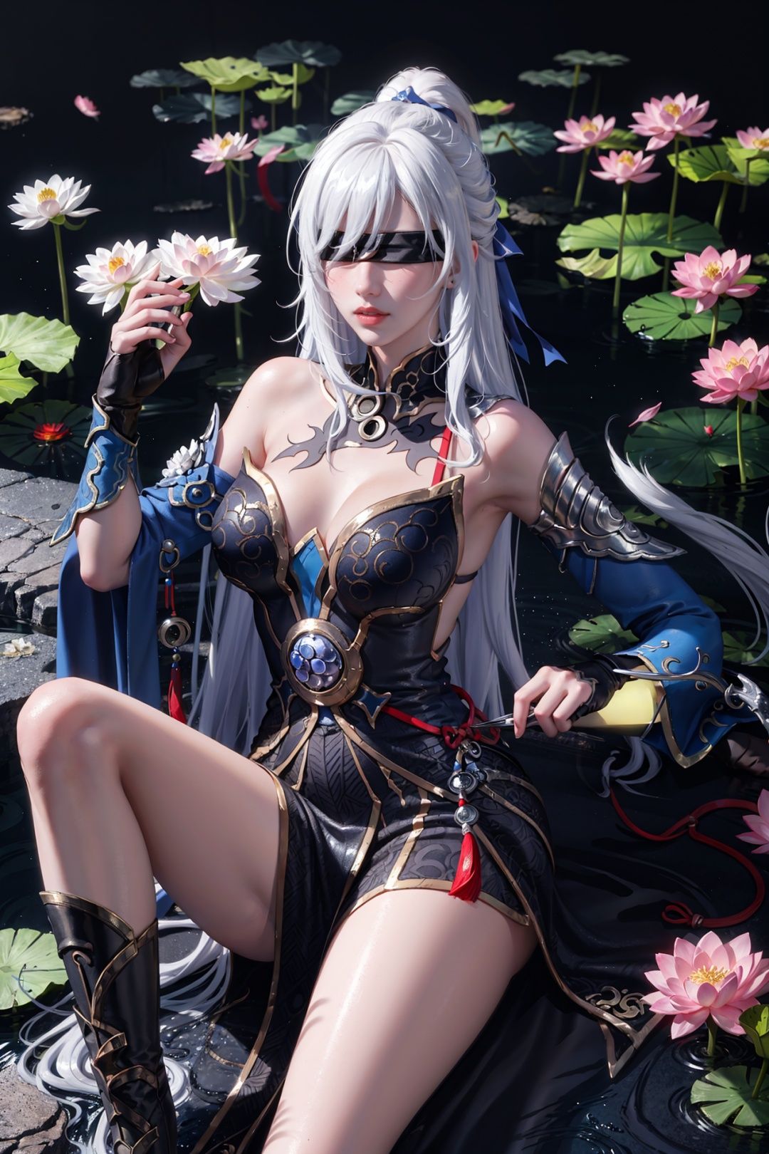 realistic,jingliu, silver hair, elbow gloves, long hair, (blindfold:1.2), boots, bare shoulders, dress, hair ribbon,fancy
masterpiece,Ancient Chinese beauty sitting on stone,wearing ancient Chinese clothing,flowing tulle,light silk,lazy pose,large lotus leaves,lotus flowers,ink painting style,clean colors,decisive cutting,white space,freehand,masterpiece,super detailed,epic composition,high quality,highest,good hands,quality,2.5D,1girl,Imminentpenetration,ingliu