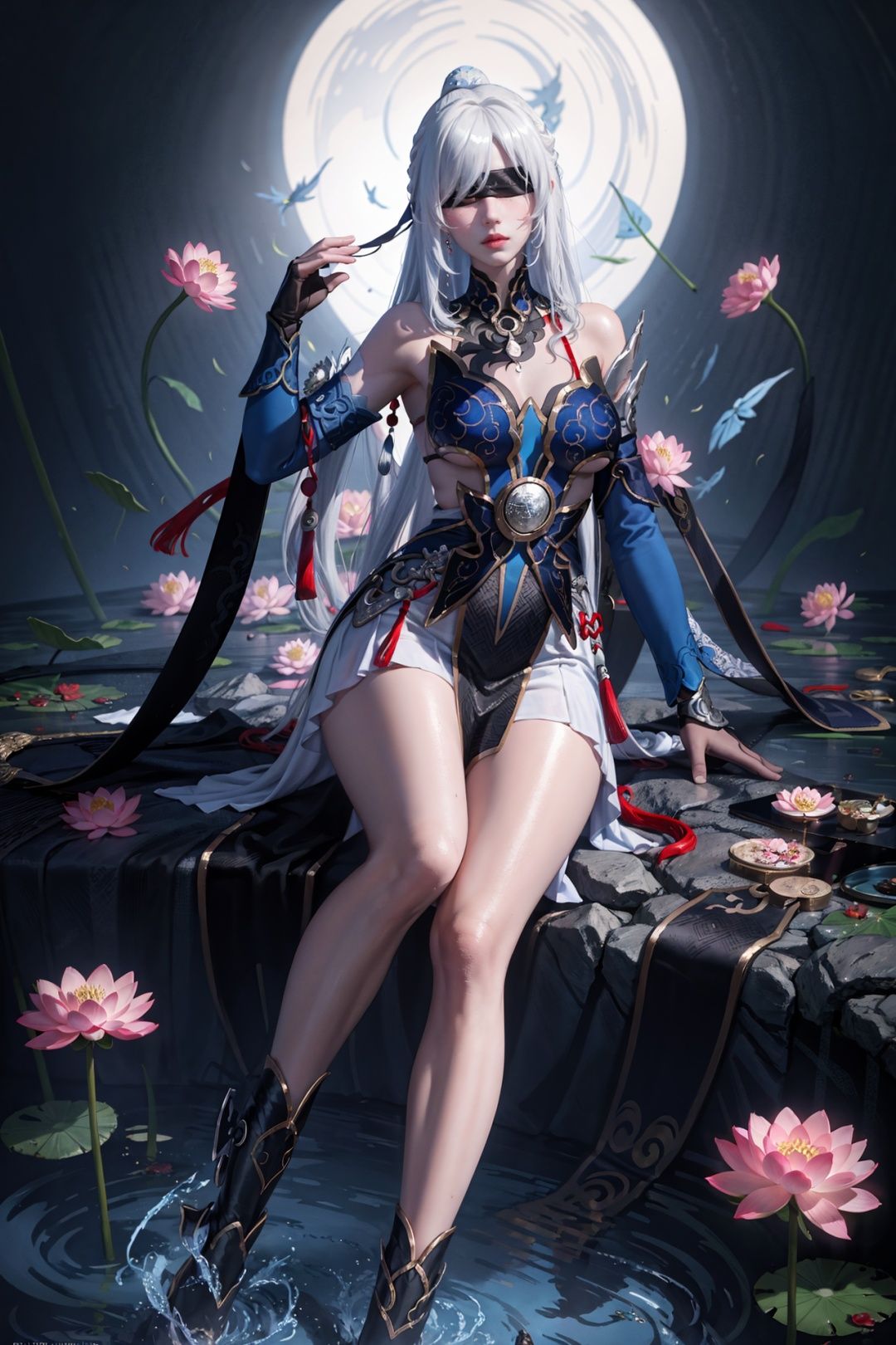 realistic,jingliu, silver hair, elbow gloves, long hair, (blindfold:1.2), boots, bare shoulders, dress, hair ribbon,
masterpiece,Ancient Chinese beauty sitting on stone,wearing ancient Chinese clothing,flowing tulle,light silk,lazy pose,large lotus leaves,lotus flowers,ink painting style,clean colors,decisive cutting,white space,freehand,masterpiece,super detailed,epic composition,high quality,highest quality,2.5D,1girl,Imminentpenetration,sushangb3,sushanglf,jingliu