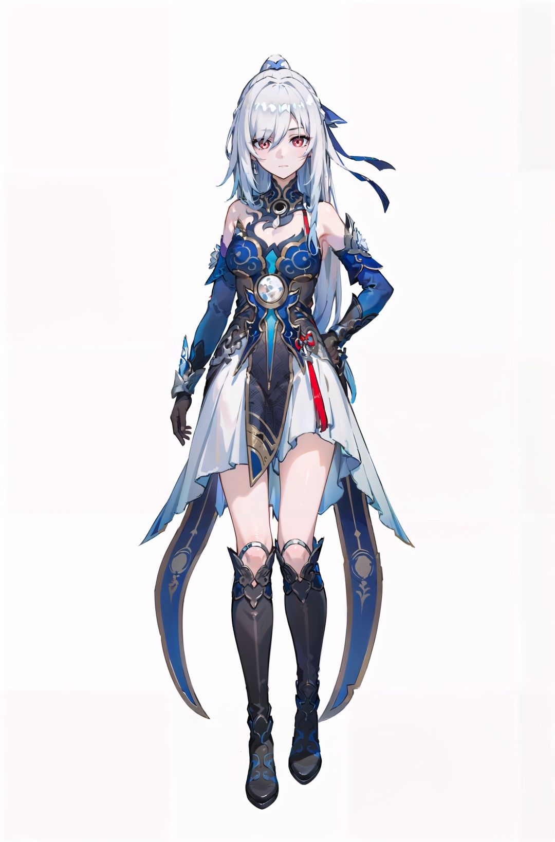 8k, best quality, masterpiece, (ultra-detailed:1.1), (high detailed skin), (full body:1.2), white background, standing, hand on hip, <lora:jingliu-v100-000018:0.8>, jingliu, silver hair, elbow gloves, long hair, red eyes, boots, bare shoulders, dress, hair ribbon, <lora:EnvyBetterHands LoCon_beta2 辅助:0.65>, (good hands,nice hands:0.6), (white background, simple background,:1.2), (beautiful_face), ((intricate_detail)), clear face, ((finely_detailed)), fine_fabric_emphasis, ((glossy)), full_shot, 