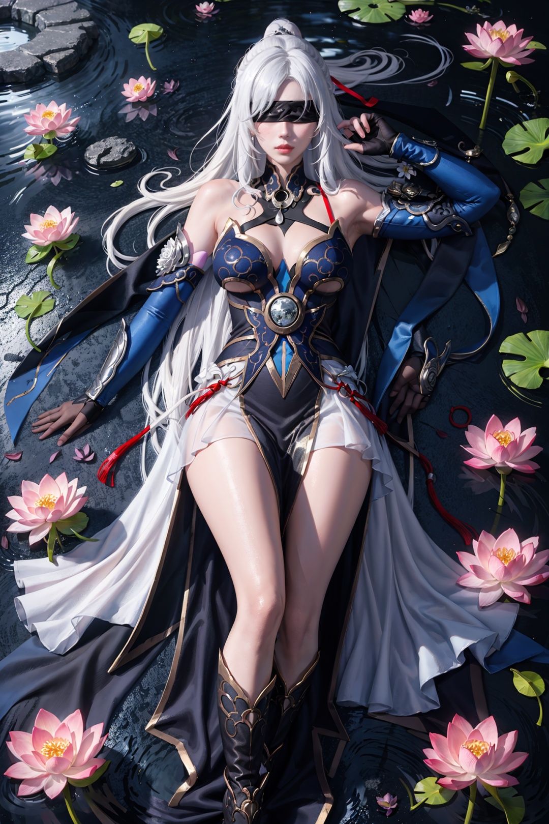 realistic,jingliu, silver hair, elbow gloves, long hair, (blindfold:1.2), boots, bare shoulders, dress, hair ribbon,fancy
masterpiece,Ancient Chinese beauty on stone,wearing ancient Chinese clothing,flowing tulle,light silk,lazy pose,large lotus leaves,lotus flowers,ink painting style,clean colors,decisive cutting,white space,freehand,masterpiece,super detailed,epic composition,high quality,highest,(good hands:0.5),quality,2.5D,1girl,Imminentpenetration,ingliu