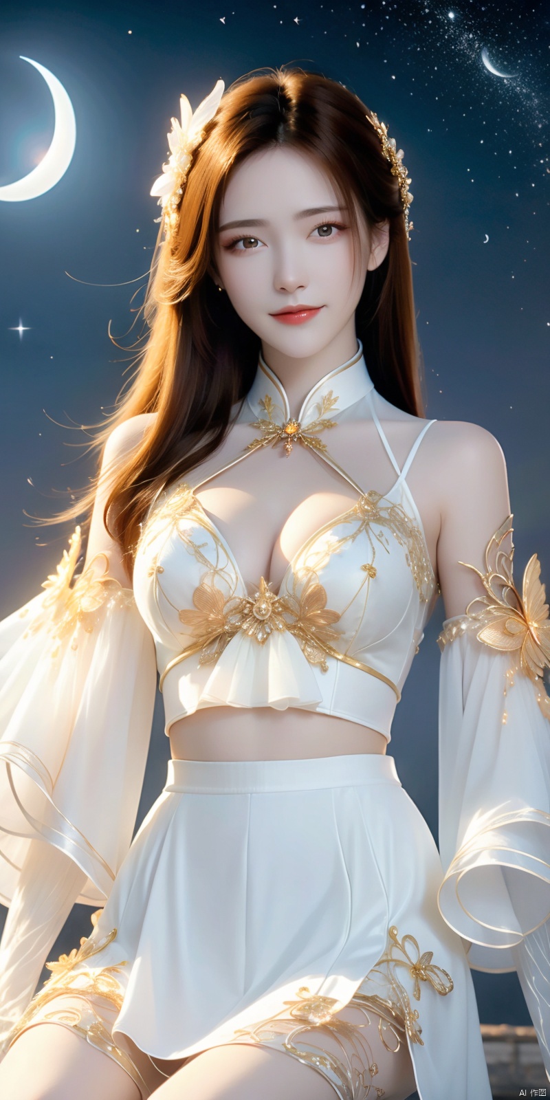  (Good structure),cowboy_shot,1girl, bare_shoulders, bug, butterfly, cleavage, cloud, crescent_moon, full_moon, hair_ornament, lips, long_hair, looking_at_viewer, medium_breasts, moon, moonlight, night, night_sky, red_lips, kneeling, sky, solo, star_\(sky\), starry_sky, sun,,,looking_at_viewer,kind smile, 1girl, ,  nalanyanran