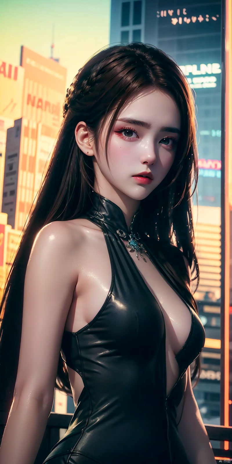  neonpunk style Neon noir leogirl,hANMEIMEI,realistic photography,,On the rooftop of a towering skyscraper,a girl stands,facing the camera directly. Behind her,a multitude of skyscrapers stretches into the distance,creating a breathtaking urban panorama. It's the perfect dusk moment,with the evening sun casting a warm glow on the girl's face,intensifying the scene's impact. The photo captures a sense of awe,with the sharpness and realism making every detail vivid and clear,Hair fluttered in the wind,long hair,halterneck, . cyberpunk, vaporwave, neon, vibes, vibrant, stunningly beautiful, crisp, detailed, sleek, ultramodern, magenta highlights, dark purple shadows, high contrast, cinematic, ultra detailed, intricate, professional, nalanyanran, ((poakl)), Light master