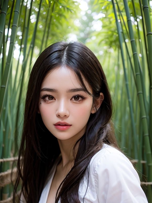 The highest masterpiece, exquisite picture quality, a girl, handsome, exquisite features, detailed facial characterization, 8K picture quality, perfect lighting, melon seed face, long eyelashes, dark green gradient hair, middle part bangs, messy hair, long curly hair, emerald pupils (eyes), delicate smooth skin, light blush, half body, posing, bamboo forest, bamboo leaves, Crane in the sky, There are pavilions and pavilions in the dense bamboo forest