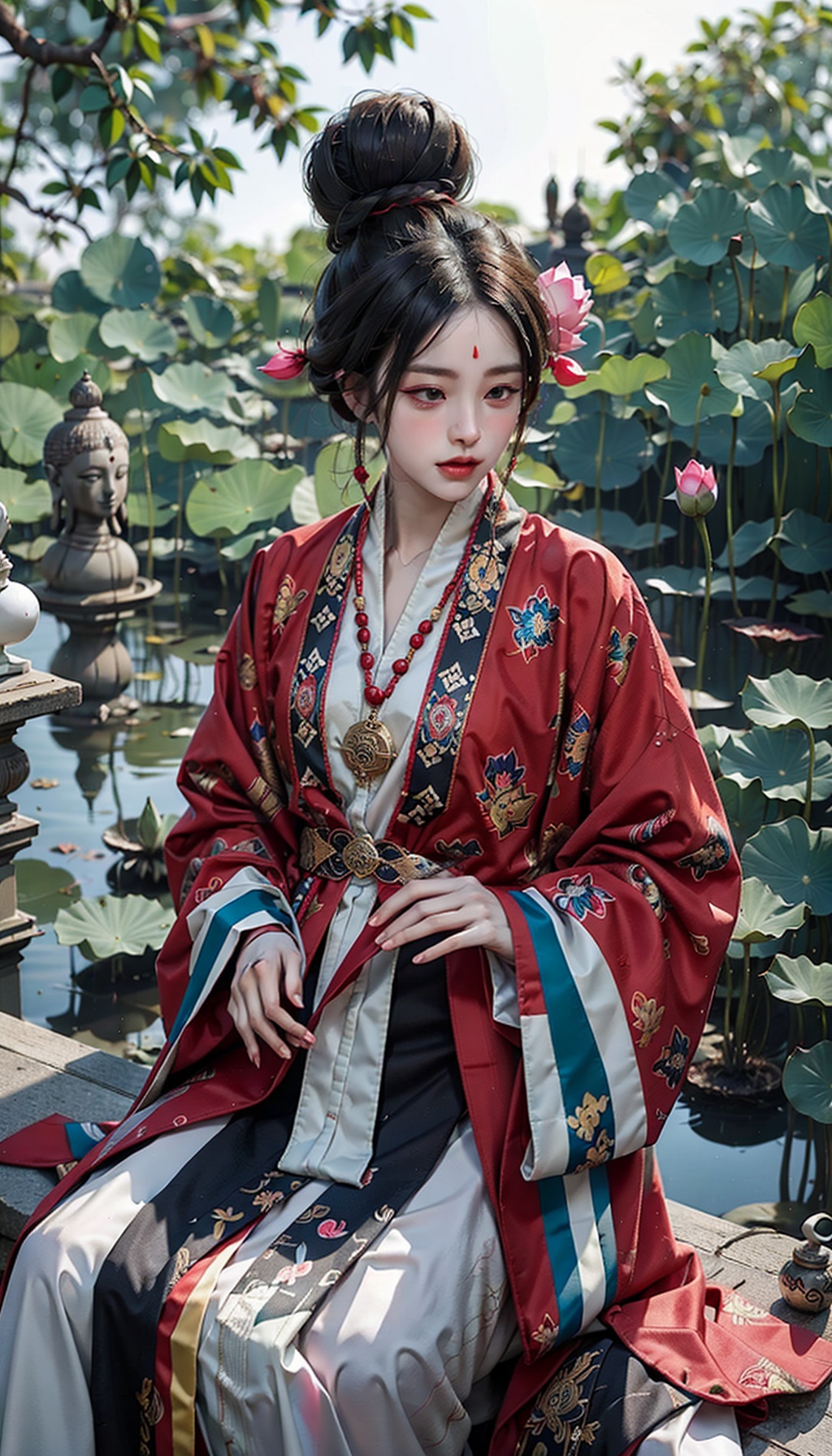 sage_aspect, (ebony whiskers), thoughtful, praying, lotus_eyes, prayer_bead_belt, sandalwood_bracelets, lotus_pond, vedic_manuscript, [braided, buddha_bun:0.1], [prayer_mala, sutra_scroll, calligraphy_brush:0.4], 1girl,Softened Tints, Eastern Spectrum, Graceful Brushwork,sharp focus,<lora:oc_v10:0.25>   <lora:nhatbinhv2:0.5> <lora:玄远仙境FairyWorld:0.5>