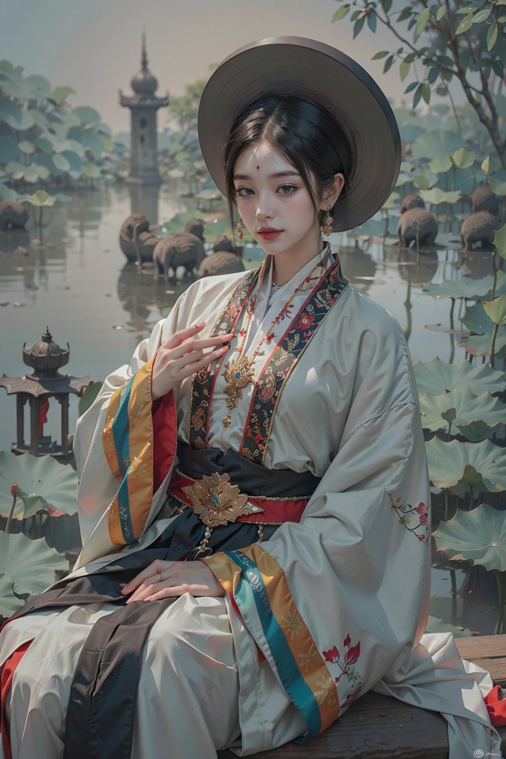 sage_aspect, (ebony whiskers), thoughtful, praying, lotus_eyes, prayer_bead_belt, sandalwood_bracelets, lotus_pond, vedic_manuscript,[prayer_mala, sutra_scroll, calligraphy_brush:0.4], 1girl,Softened Tints, Eastern Spectrum, Graceful Brushwork,sharp focus,<lora:oc_v10:0.25>   <lora:nhatbinhv2:0.5> <lora:玄远仙境FairyWorld:0.5>