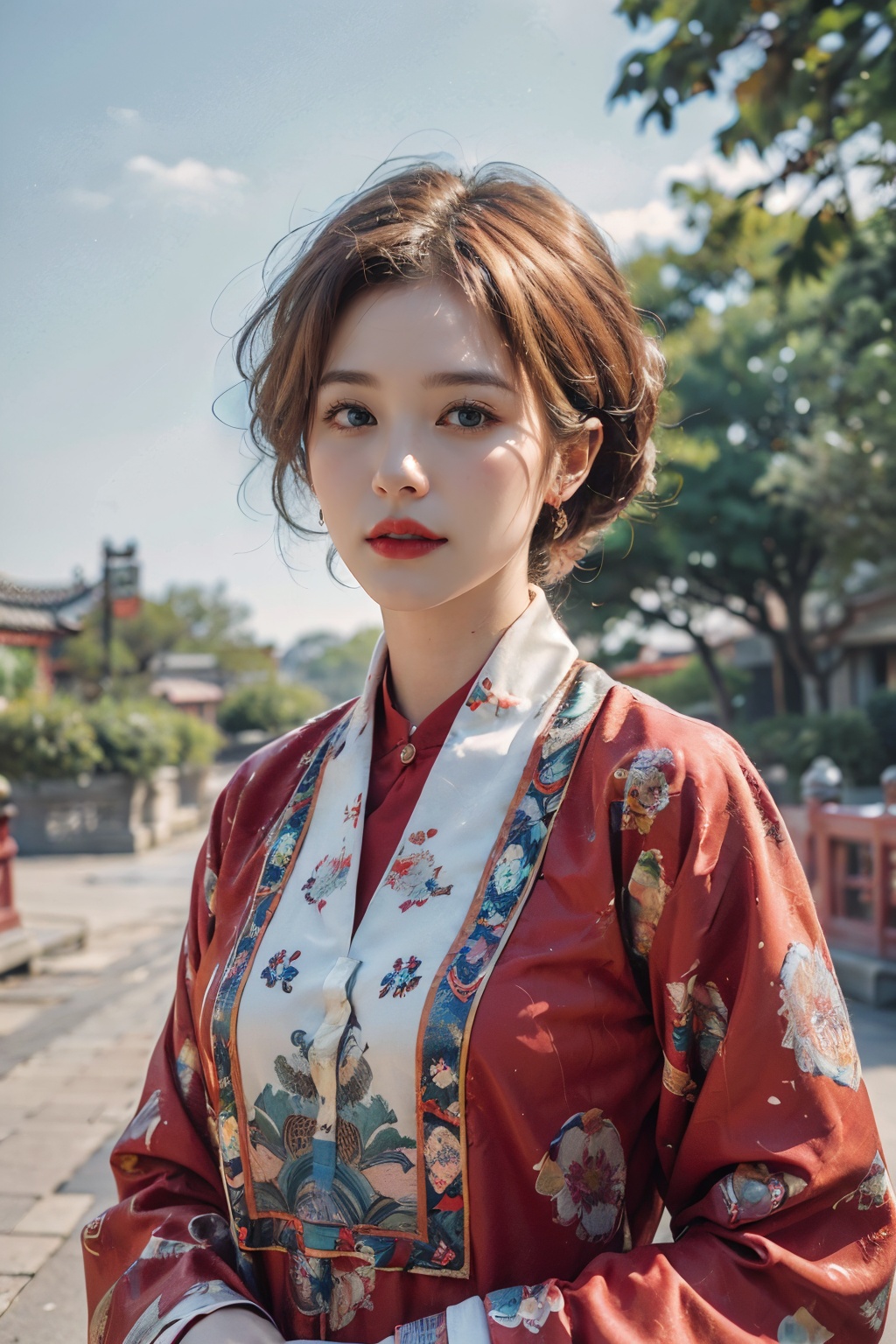 ((floral print)),((red magnificent print long sleeves)),((red print see-through dress)),1 girl,full body,(short hair),(realistic:1.7),((best quality)),absurdres,(ultra high res),(photorealistic:1.6),photorealistic,octane render,(hyperrealistic:1.2), (photorealistic face:1.2), (8k), (4k), (Masterpiece),(realistic skin texture), (illustration, cinematic lighting,wallpaper),( beautiful eyes:1.2),((((perfect face)))),(cute),(standing),((blonde hair)),(blue eyes),red lips, outdoors,(chinese style countryard),<lora:nhatbinhv2:0.5>