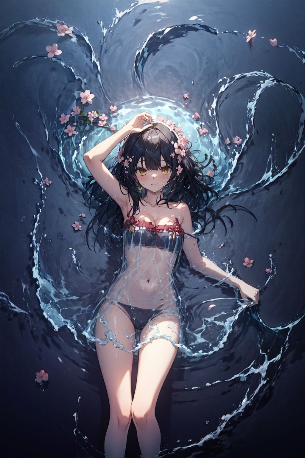 1girl, solo, ((liquid clothes)), <lora:LiquidClothesV2:1>,(water), water drop, small breasts, see-through_dress,cherry blossoms,, falling petals, cleavage, loli, from above,shuimo, river, bare legs, light smile, (splashing),, lake, black hair, long hair, yellow eyes, fox ears, <lora:SeeThroughDressOfNagato:0.85> ,strap slip, lying_on_back,