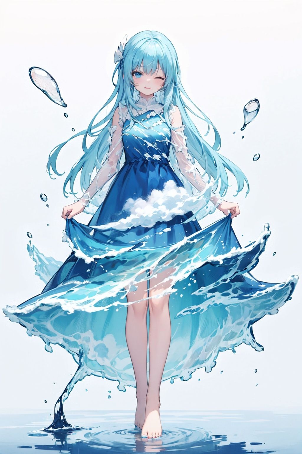 1girl, solo, ((liquid clothes)), <lora:LiquidClothesV2:1>,liquid clothes, blue theme, 1girl, solo, long hair, dress, barefoot, blue hair, one eye closed, blue eyes, blue nails, nail polish, toenail polish, cloud, toenails, full body, very long hair, sky print, blue dress, standing, sleeveless, looking at viewer, smile