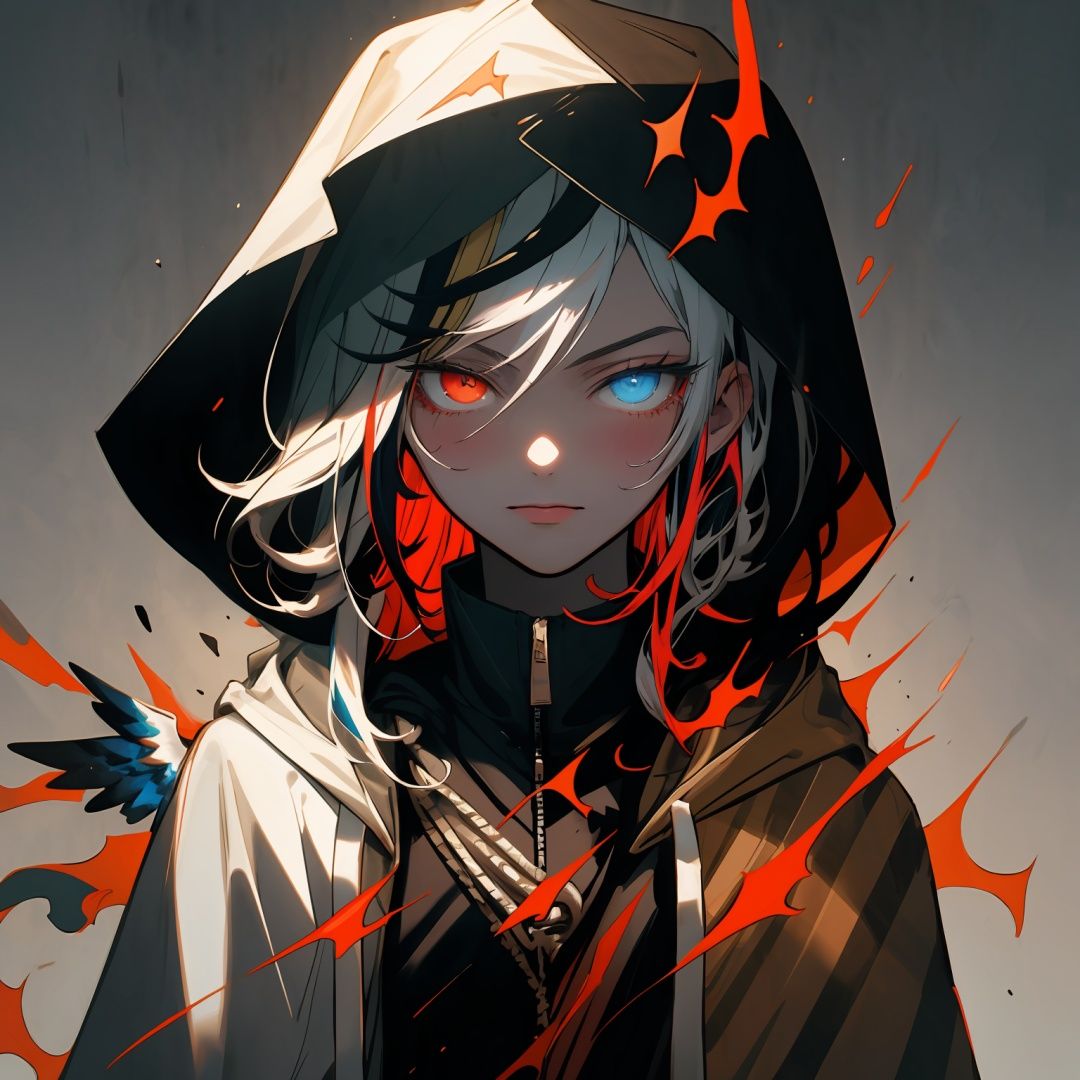 masterpiece,best quality,<lora:tsyem-000008:0.8>,1boy,split theme,heterochromia,angel and demon,two-tone hair,(two-tone_jacket:1.2),(chiaroscuro:1.2),(hooded_cloak:1.2),