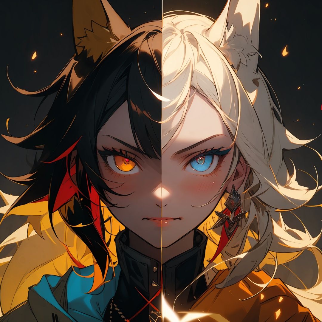 masterpiece,best quality,<lora:tsyem-000008:0.8>,1girl,(the face on the right is a fox:1.3),split theme,heterochromia,angel and demon,two-tone hair,(two-tone_jacket:1.2),(chiaroscuro:1.2),