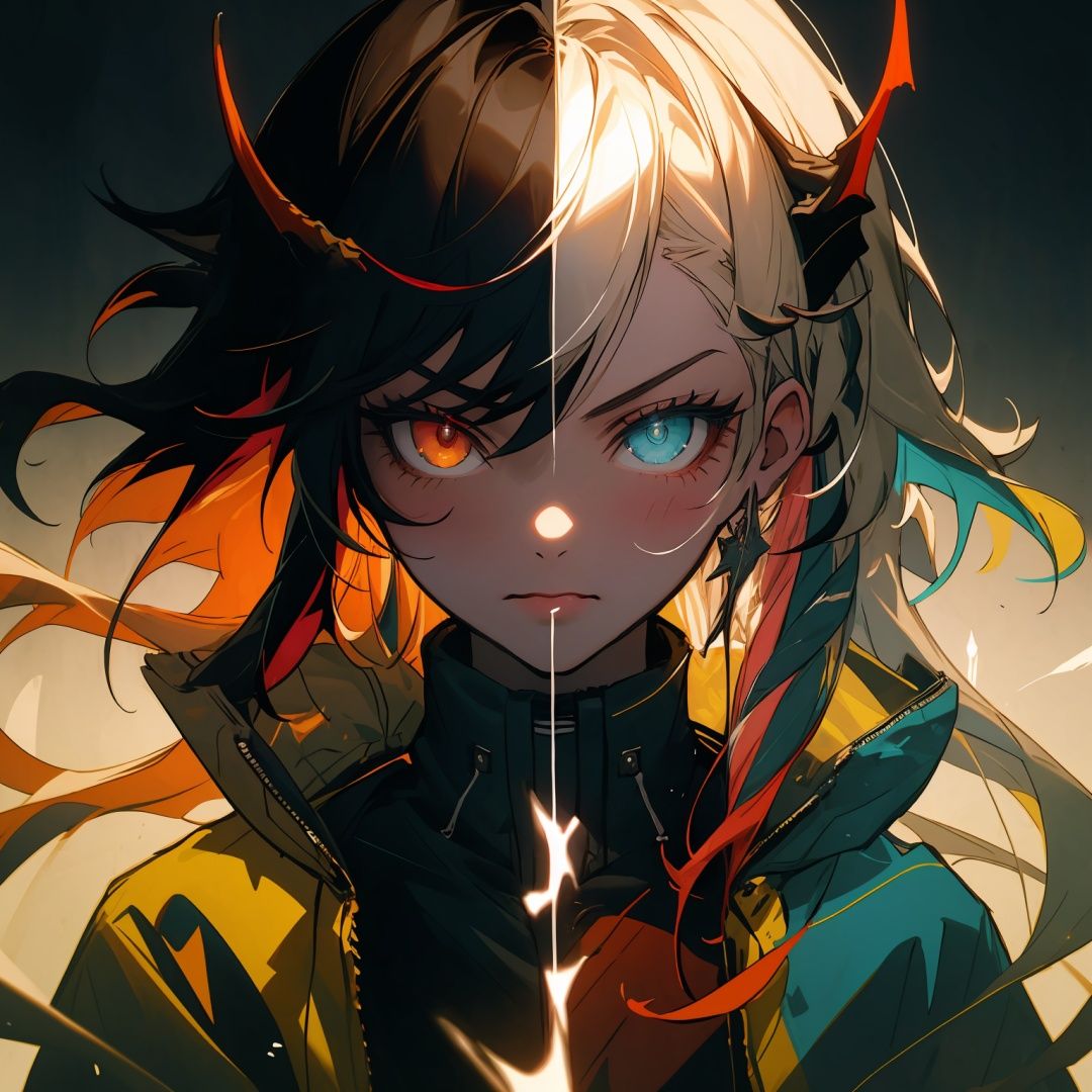 masterpiece,best quality,<lora:tsyem-000008:0.8>,1girl,heterochromia,angel and demon,two-tone hair,(two-tone_jacket:1.2),(chiaroscuro:1.2),(cowboy_shot:1.2),