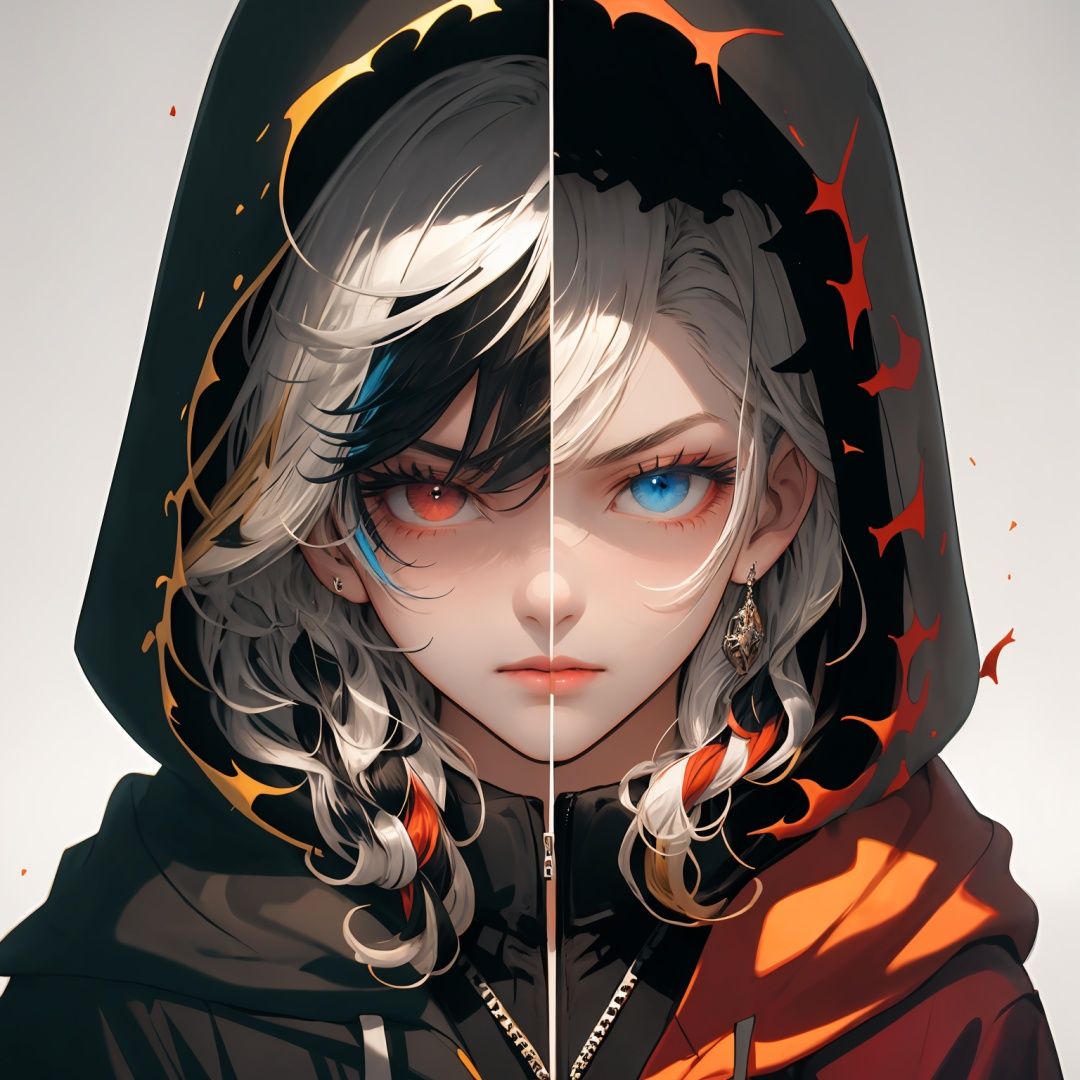 masterpiece,best quality,<lora:tsyem-000008:0.8>,1boy,split theme,heterochromia,angel and demon,two-tone hair,(two-tone_jacket:1.2),(chiaroscuro:1.2),(hooded_cloak:1.2),