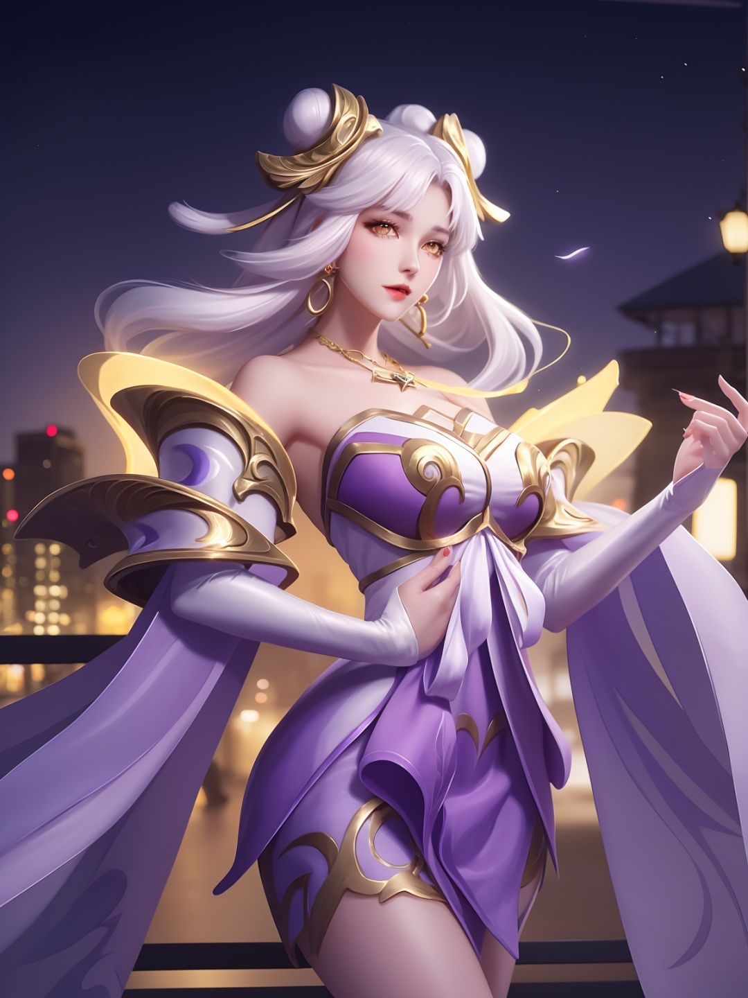 WZRYchangeYP, 1girl, solo, dress, long hair, white hair, bangs, hair ornament, bare shoulders, parted lips,  jewelry,orange eyes,ribbon, earrings,necklace,double bun,wide sleeves,  <lora:WZRYchangeYP:0.75>,cityscape, night,looking at viewer, mature female, hand on hip, cowboy shot, 