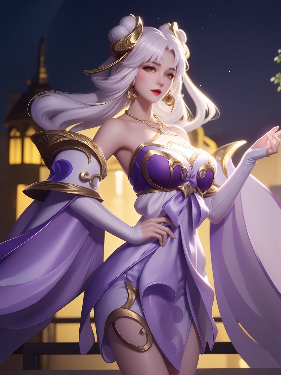 WZRYchangeYP, 1girl, solo, dress, long hair, white hair, bangs, hair ornament, bare shoulders, parted lips,  jewelry,orange eyes,ribbon, earrings,necklace,double bun,wide sleeves,  <lora:WZRYchangeYP:0.75>,cityscape, night,looking at viewer, mature female, hand on hip, cowboy shot, 