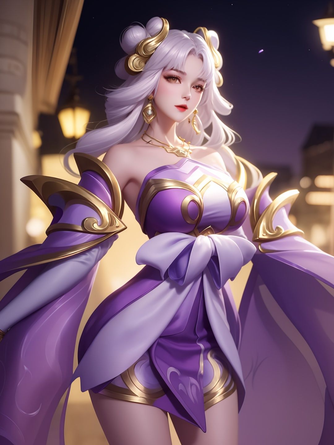 WZRYchangeYP, 1girl, solo, dress, long hair, white hair, bangs, hair ornament, bare shoulders, parted lips,  jewelry,orange eyes,ribbon, earrings,necklace,double bun,wide sleeves,  <lora:WZRYchangeYP:0.75>,cityscape, night,looking at viewer, mature female, hand on hip, cowboy shot, 