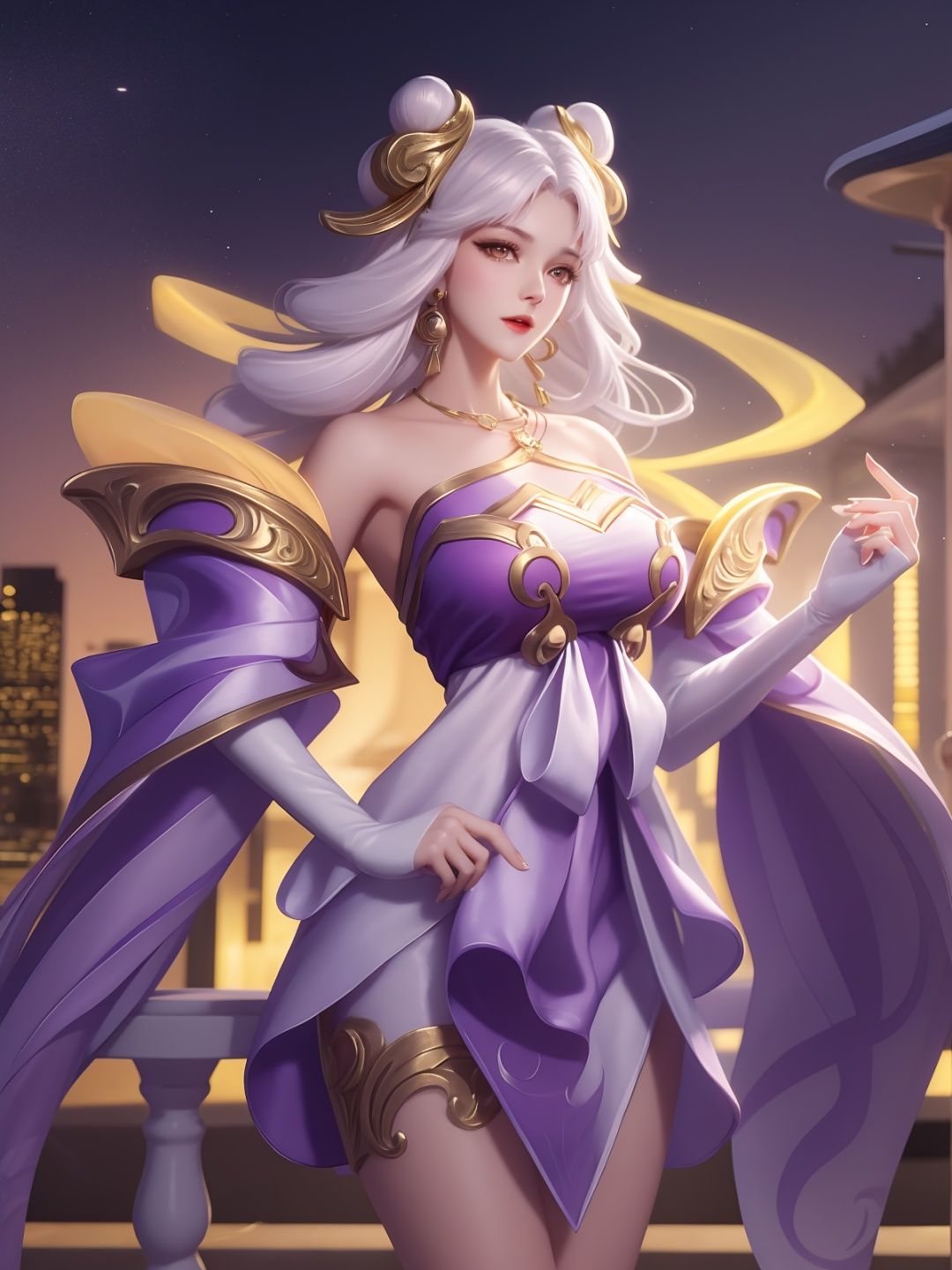 WZRYchangeYP, 1girl, solo, dress, long hair, white hair, bangs, hair ornament, bare shoulders, parted lips,  jewelry,orange eyes,ribbon, earrings,necklace,double bun,wide sleeves,  <lora:WZRYchangeYP:0.75>,cityscape, night,looking at viewer, mature female, hand on hip, cowboy shot, 