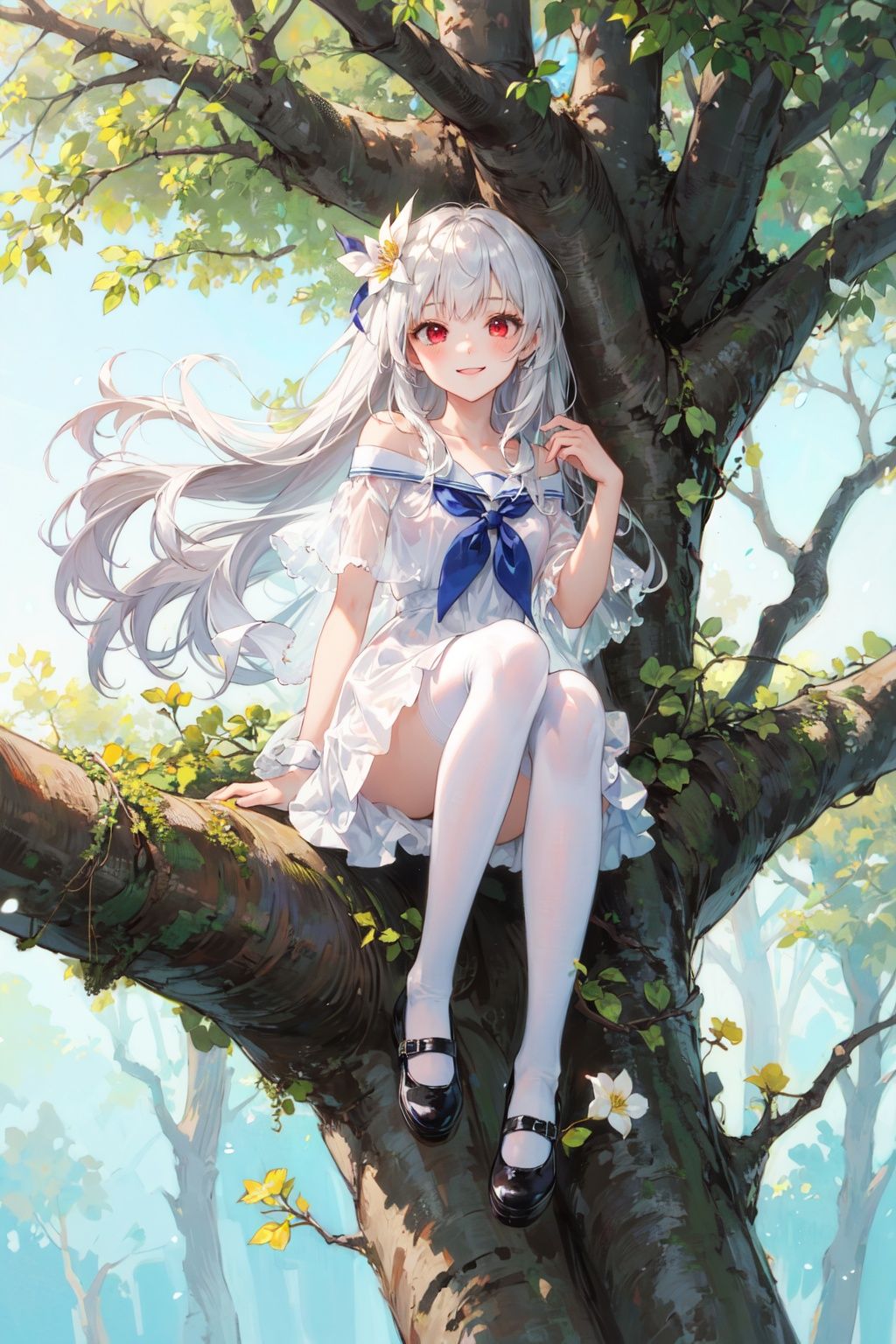 masterpiece,1girl,solo,

((on_tree)),white_hair,long_hair,red eyes,white_dress,collarbone,light_smile,school_uniform,white_legwear,loli,small_breasts,off_shoulder,falling_leaf.flower,hair_ornament,on_branch,full_body,(uwabaki),uwabaki, sitting in tree, see-through, see-through,full body,mary janes,  