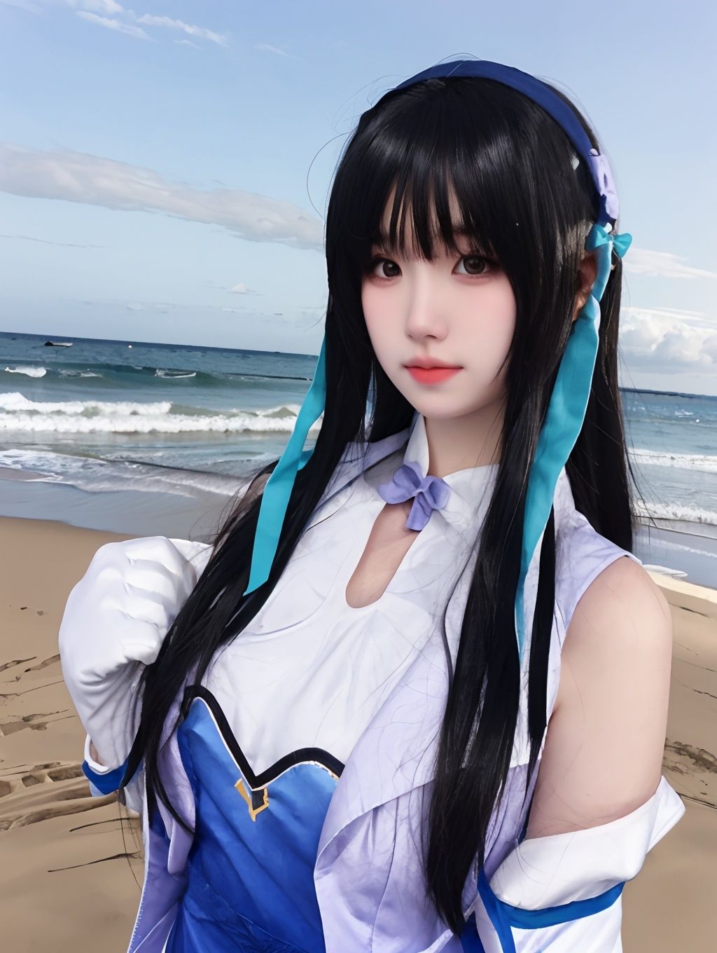 <lora:xishi yuanpi-000022:0.75>,yanshangyue_xishi yuanpi,1girl,solo,long hair,upper body,holding,at the seaside,sand,suneate,(supergiant breasts:1.4),